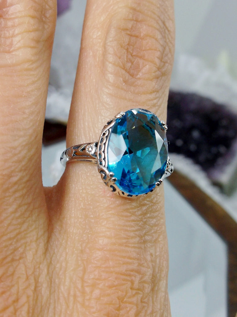 Swiss Blue topaz Ring, Swiss Blue simulated oval faceted gemstone, sterling silver floral filigree, Edward design #D70