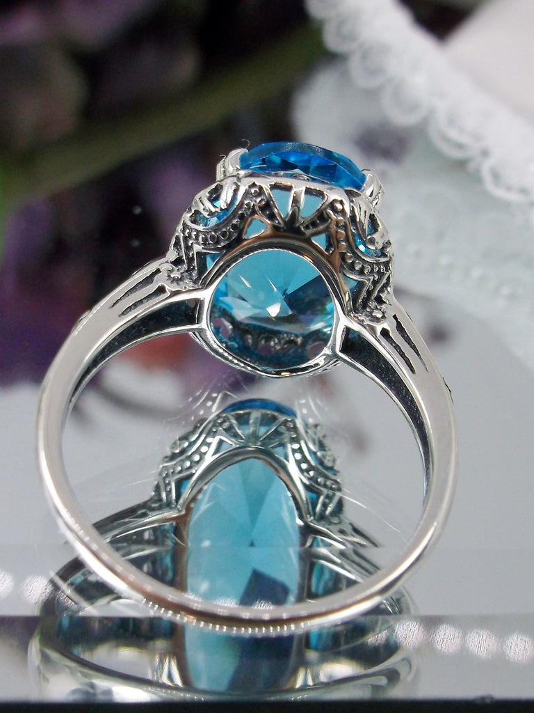 Swiss Blue topaz Ring, Swiss Blue simulated oval faceted gemstone, sterling silver floral filigree, Edward design #D70