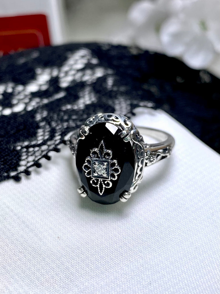 Black Onyx Crystal Ring, Inset Gem choice of White Cubic Zirconia (CZ), Lab Moissanite, or Genuine Diamond, Sterling Silver Floral Filigree, Silver Embrace Jewelry D70e