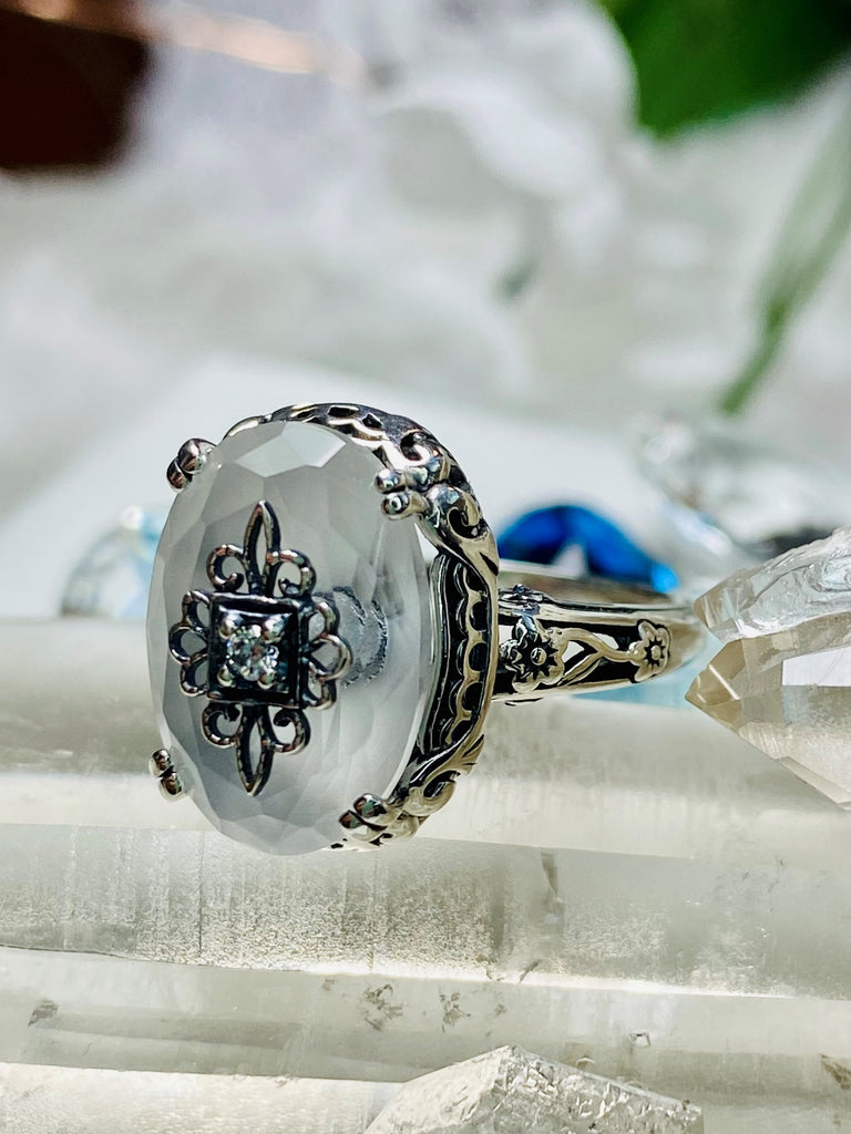 Camphor Glass Ring, Inset Gem choice of White Cubic Zirconia (CZ), Lab Moissanite, or Genuine Diamond, Sterling Silver Floral Filigree, Silver Embrace Jewelry D70e