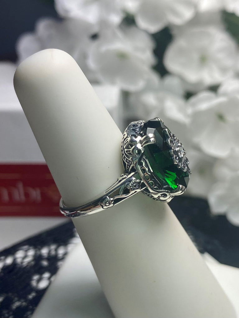 Emerald Crystal Ring, Inset Gem choice of White Cubic Zirconia (CZ), Lab Moissanite, or Genuine Diamond, Sterling Silver Floral Filigree, Silver Embrace Jewelry D70e
