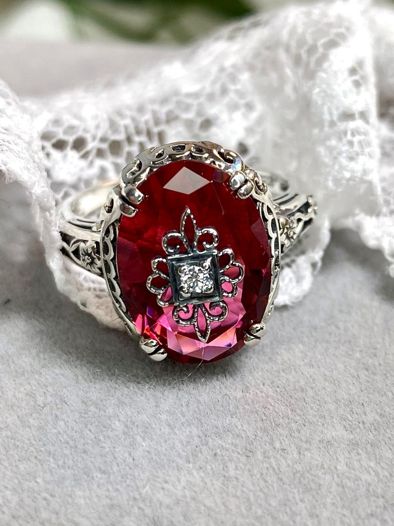 Pink Crystal Ring, Sterling Silver Embellished Edwardian Ring, CZ, Moissanite or natural diamond, Edward design, D70, Silver Embrace Jewelry