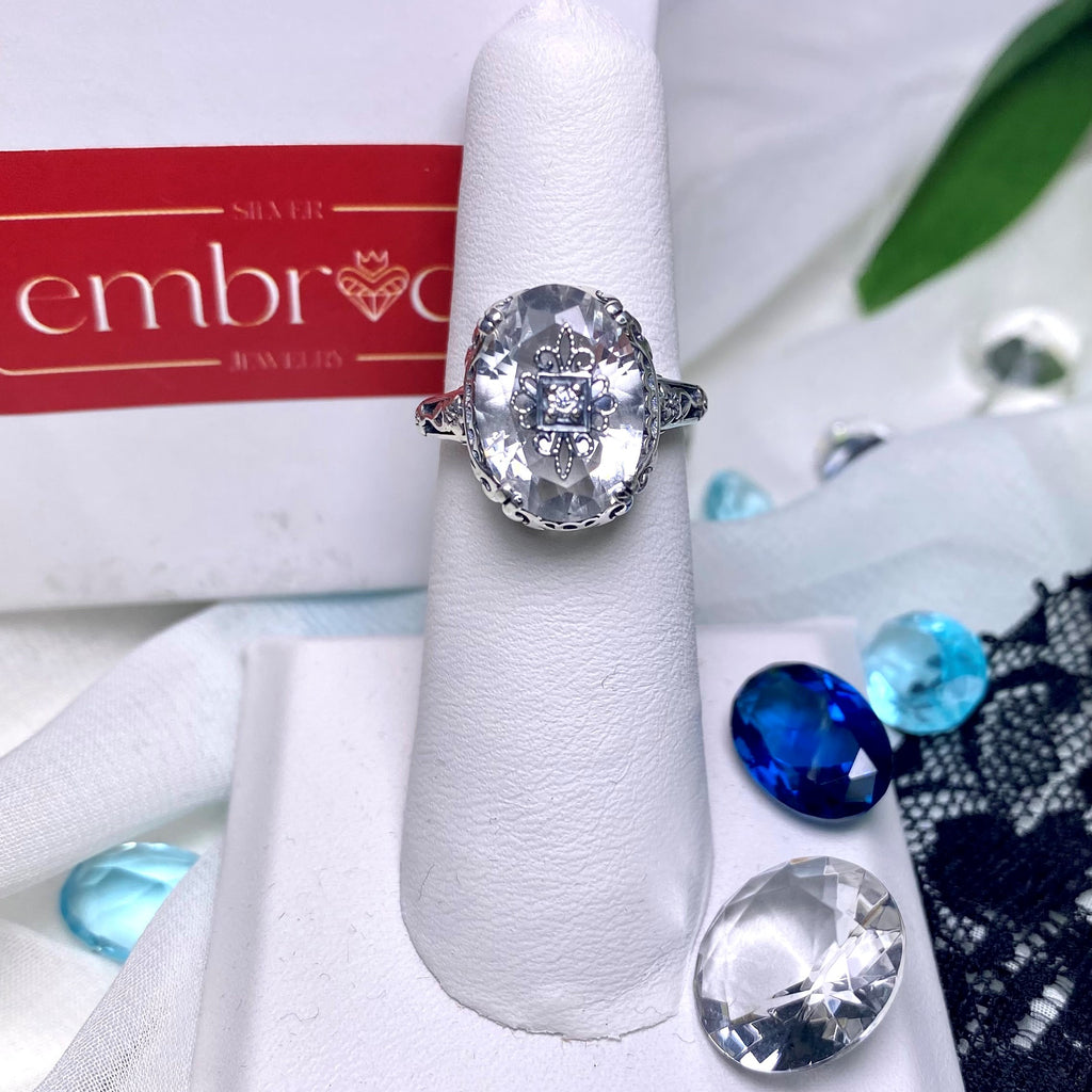 Crystal Ring, Inset Gem choice of White Cubic Zirconia (CZ), Lab Moissanite, or Genuine Diamond, Sterling Silver Floral Filigree, Silver Embrace Jewelry D70e