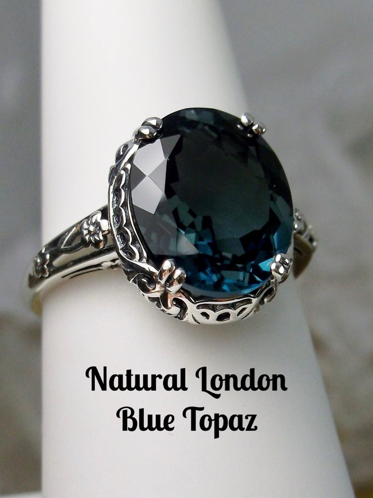 Natural London Blue Ring, Natural Topaz, Sterling Silver Filigree, Edwardian Jewelry, Silver Embrace Jewelry, #D70z