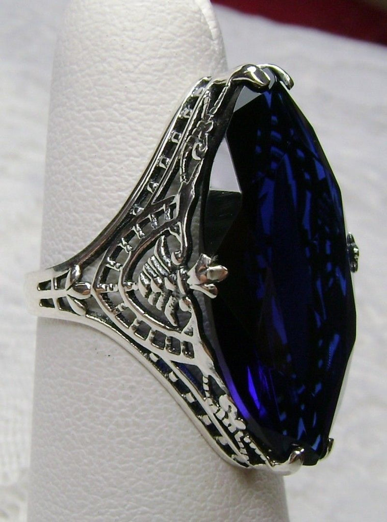 Blue Sapphire Ring, Huge Marquise Deco style, Art Deco Jewelry, Silver Embrace Jewelry, #D75