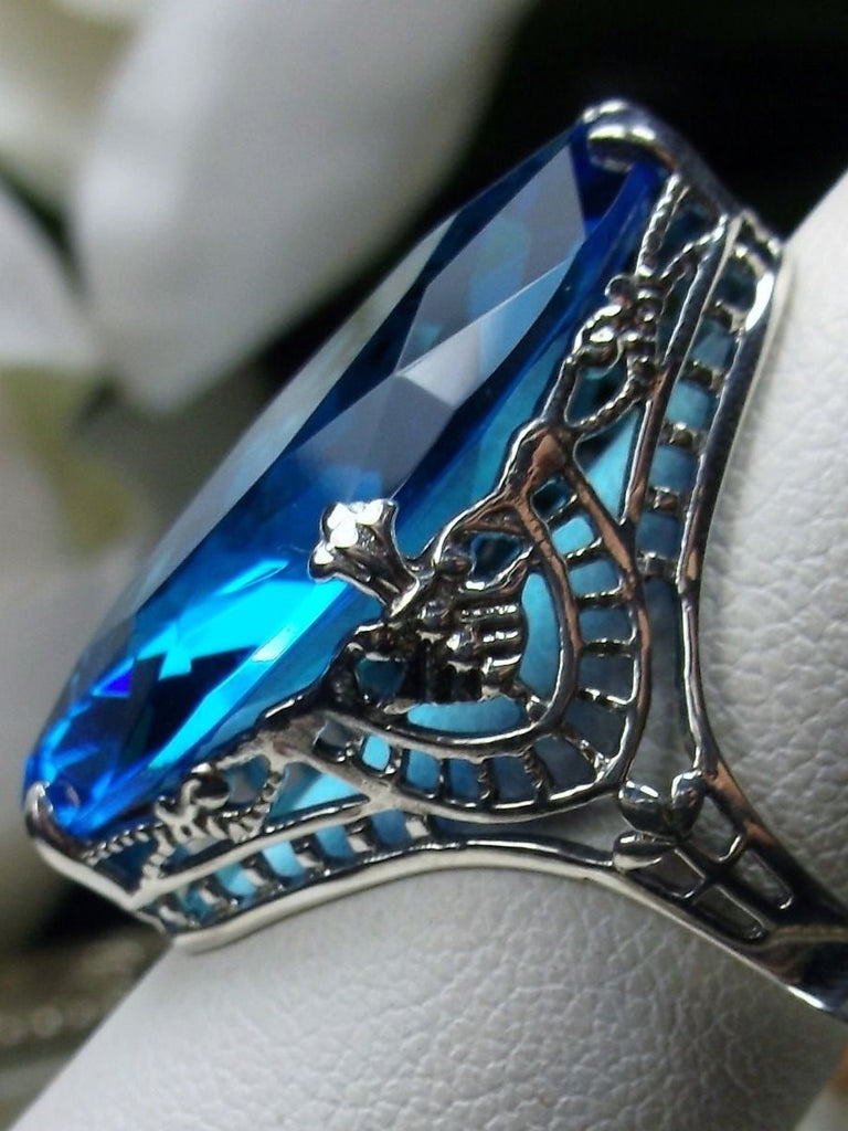 Swiss Blue Topaz Ring, Huge Marquise Art Deco Ring, Vintage Jewelry, Silver Embrace Jewelry