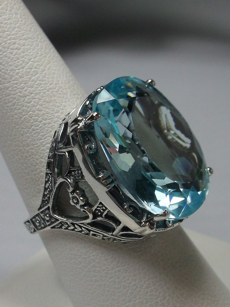 Sky Blue Aquamarine Ring, Sterling silver filigree, 24 carat large huge gemstone, Victorian Jewelry, floral filigree, Silver Embrace jewelry D76