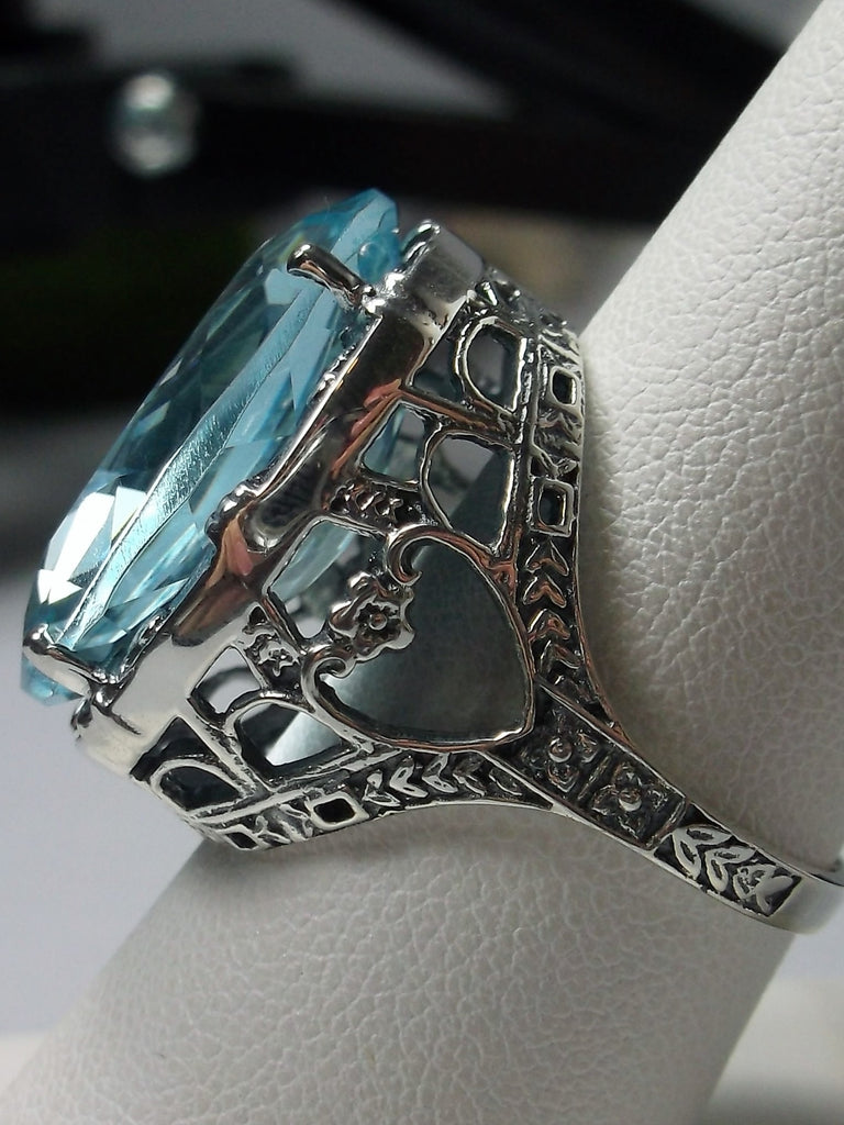 Sky Blue Aquamarine Ring, Sterling silver filigree, 24 carat large huge gemstone, Victorian Jewelry, floral filigree, Silver Embrace jewelry D76