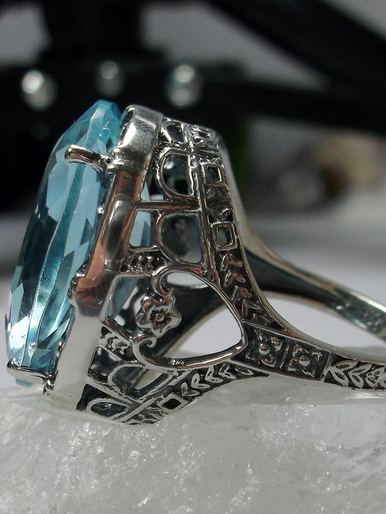 Sky Blue Aquamarine Ring, Sterling silver filigree, 24 carat large huge gemstone, Victorian Jewelry, floral filigree, Silver Embrace jewelry D76