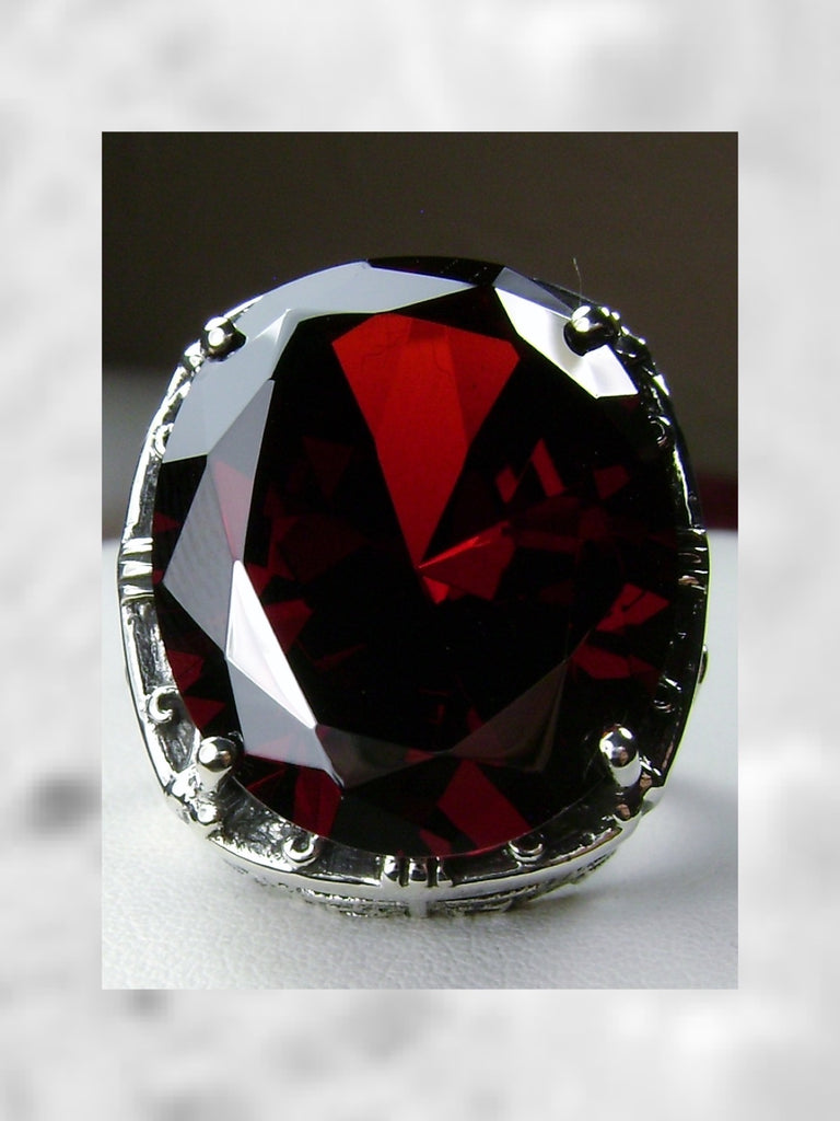 Red Garnet CZ Ring, Faux garnet gem, Sterling silver filigree, 24 carat large huge gemstone, Victorian Jewelry, floral filigree, Silver Embrace jewelry D76