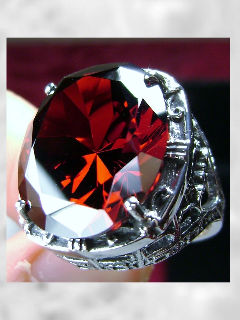 Red Garnet CZ Ring, Faux garnet gem, Sterling silver filigree, 24 carat large huge gemstone, Victorian Jewelry, floral filigree, Silver Embrace jewelry D76