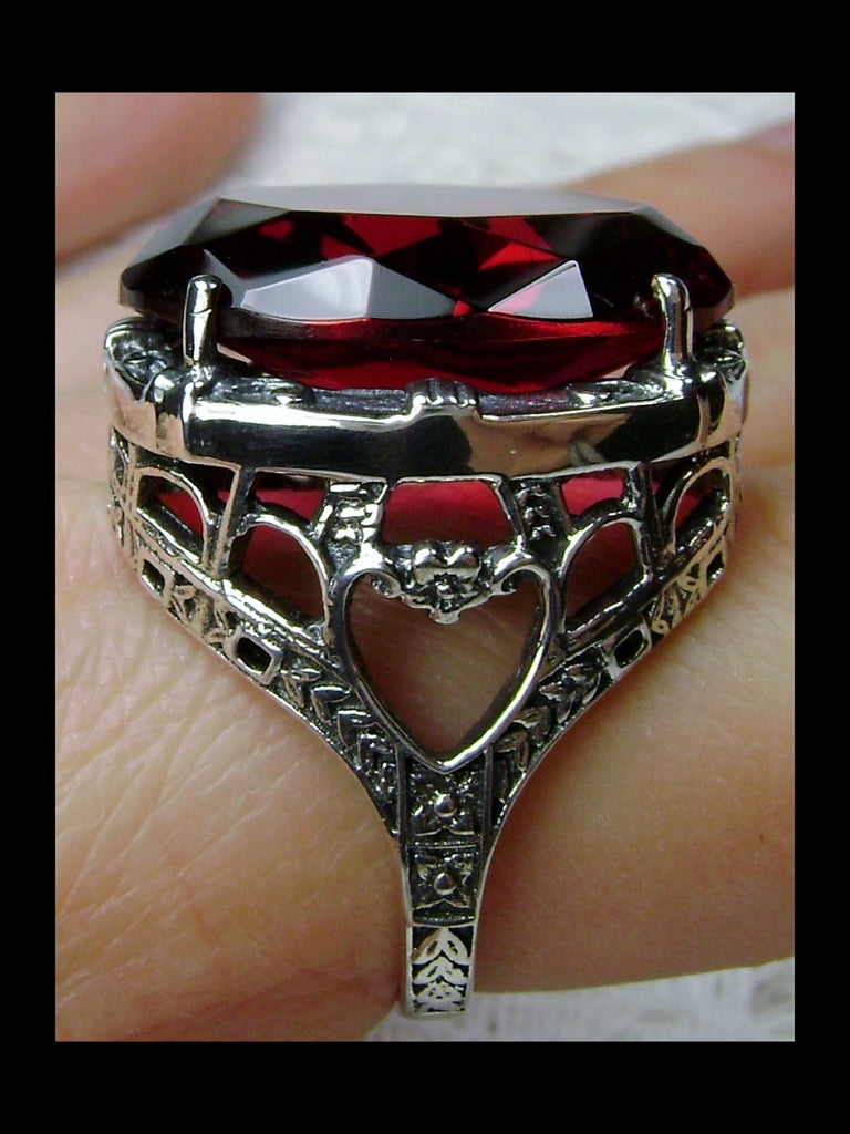Red Ruby Ring, Sterling silver filigree, 24 carat large huge gemstone, Victorian Jewelry, floral filigree, Silver Embrace jewelry D76
