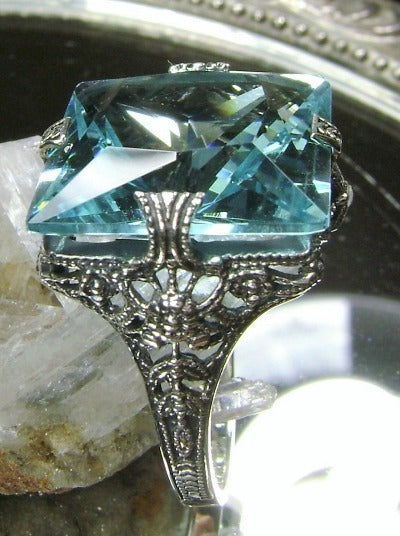 Aquamarine Sky Blue Ring, Square Victorian Ring, Simulated Gemstone, 12 carat gem, sterling silver filigree, Silver Embrace Jewelry, Square Vic Ring, D77