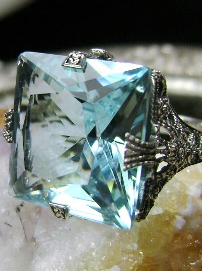 Aquamarine Sky Blue Ring, Square Victorian Ring, Simulated Gemstone, 12 carat gem, sterling silver filigree, Silver Embrace Jewelry, Square Vic Ring, D77