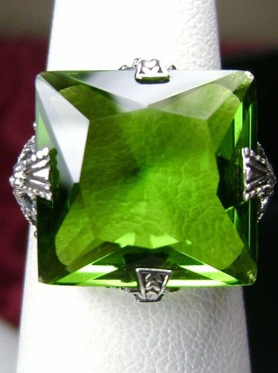 Green Peridot Ring, Square Victorian Ring, Simulated Gemstone, 12 carat gem, sterling silver filigree, Silver Embrace Jewelry, Square Vic Ring, D77