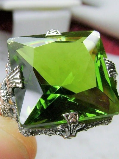 Green Peridot Ring, Square Victorian Ring, Simulated Gemstone, 12 carat gem, sterling silver filigree, Silver Embrace Jewelry, Square Vic Ring, D77