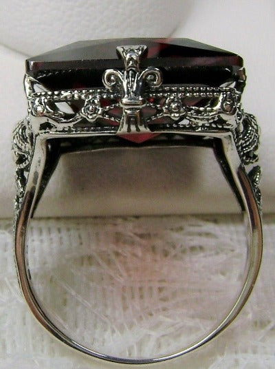 Red Garnet Cubic Zirconia (CZ) Ring, Square Victorian Ring, Simulated Gemstone, 12 carat gem, sterling silver filigree, Silver Embrace Jewelry, Square Vic Ring, D77