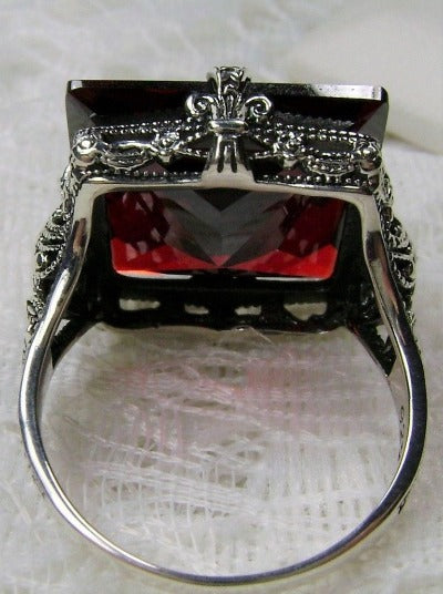 Red Garnet Cubic Zirconia (CZ) Ring, Square Victorian Ring, Simulated Gemstone, 12 carat gem, sterling silver filigree, Silver Embrace Jewelry, Square Vic Ring, D77