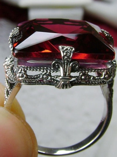 Red Ruby Ring, Square Victorian Ring, Simulated Gemstone, 12 carat gem, sterling silver filigree, Silver Embrace Jewelry, Square Vic Ring, D77