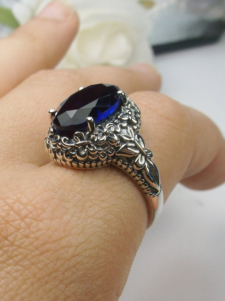 Blue Sapphire Simualted oval gemstone, Butterfly Ring, Art Nouveau Jewelry, Vintage reproduction jewelry, Sterling silver filigree, Silver Embrace Jewelry, D79 Butterfly Design