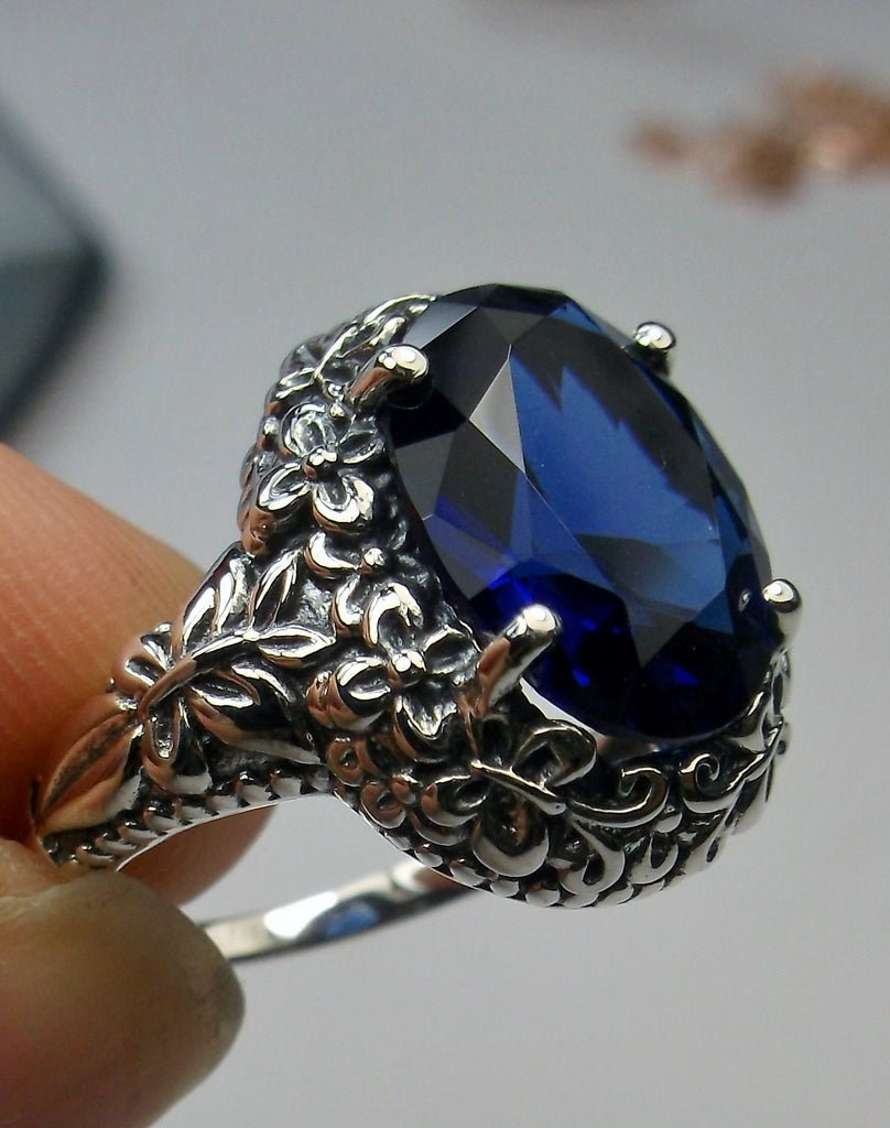 Blue Sapphire Simualted oval gemstone, Butterfly Ring, Art Nouveau Jewelry, Vintage reproduction jewelry, Sterling silver filigree, Silver Embrace Jewelry, D79 Butterfly Design
