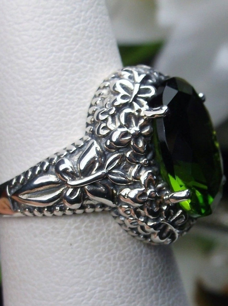 Green Peridot Simulated oval gemstone, Butterfly Ring, Art Nouveau Jewelry, Vintage reproduction jewelry, Sterling silver filigree, Silver Embrace Jewelry, D79 Butterfly Design