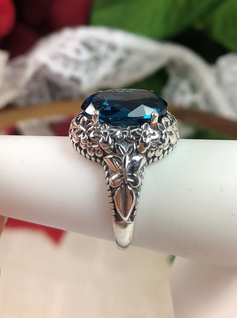 London Blue Topaz Simulated oval gemstone, Butterfly Ring, Art Nouveau Jewelry, Vintage reproduction jewelry, Sterling silver filigree, Silver Embrace Jewelry, D79 Butterfly Design