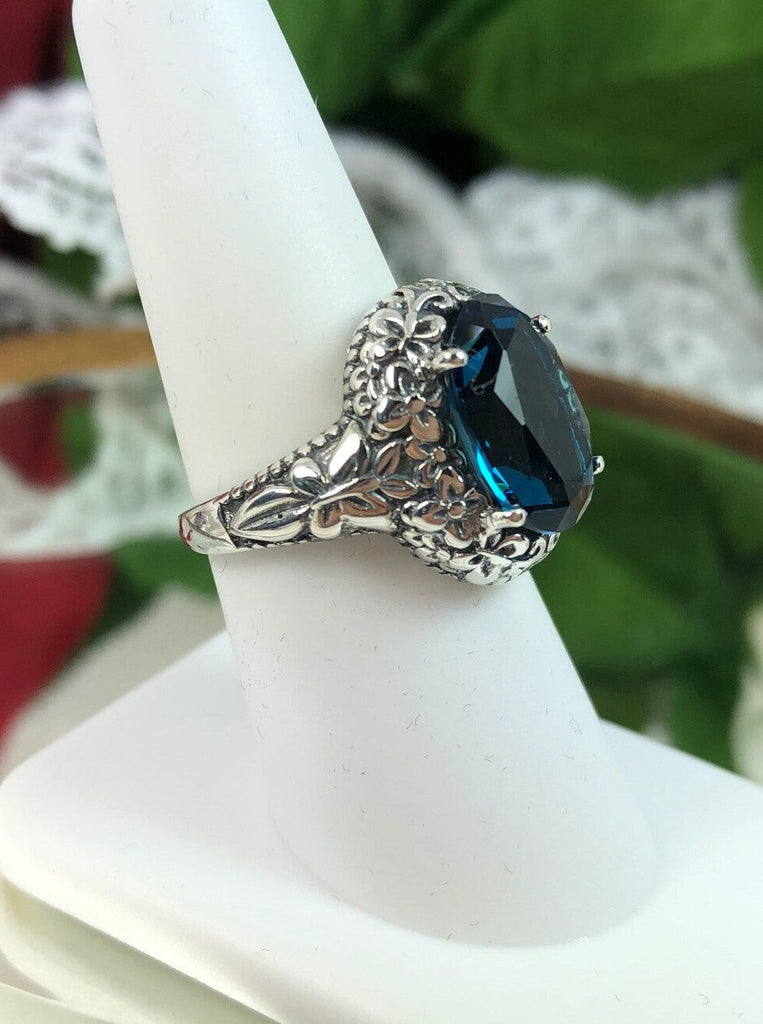 London Blue Topaz Simulated oval gemstone, Butterfly Ring, Art Nouveau Jewelry, Vintage reproduction jewelry, Sterling silver filigree, Silver Embrace Jewelry, D79 Butterfly Design