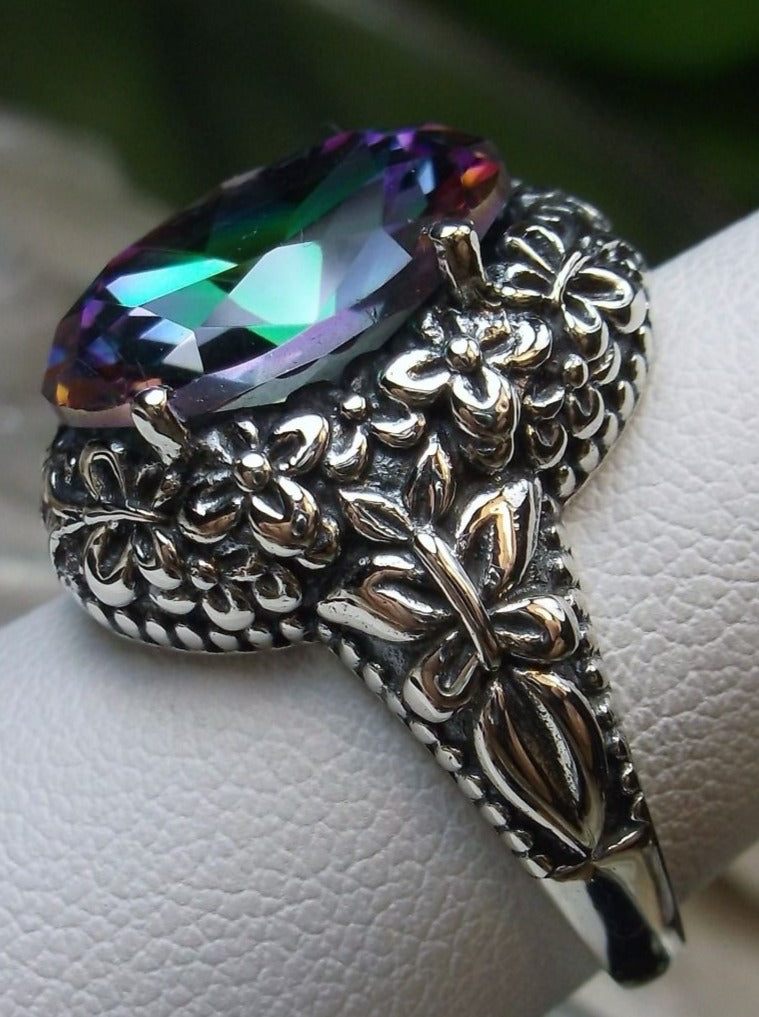 D79, Mystic Topaz oval gemstone, Butterfly Ring, Art Nouveau Jewelry, Vintage reproduction jewelry, Sterling silver filigree, Silver Embrace Jewelry, D79 Butterfly Design