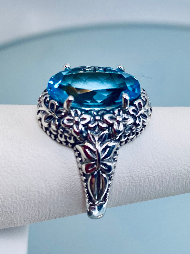 Natural blue Topaz oval gemstone, Butterfly Ring, Art Nouveau Jewelry, Vintage reproduction jewelry, Sterling silver filigree, Silver Embrace Jewelry, D79 Butterfly Design
