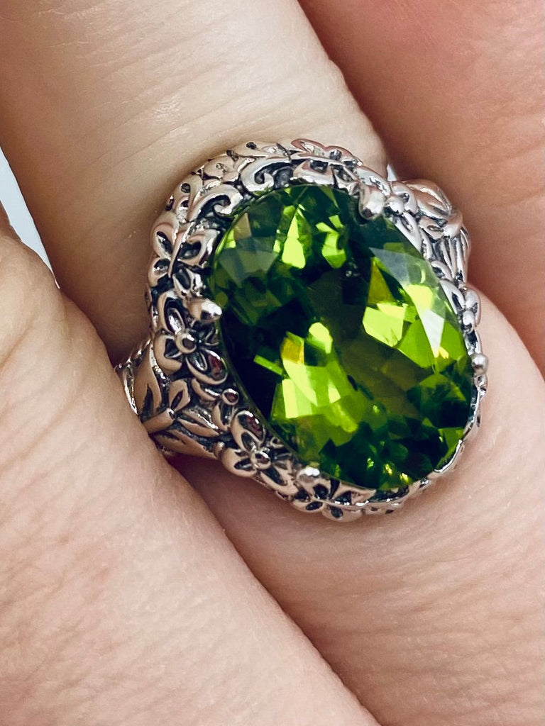 Natural Green Peridot oval gemstone, Butterfly Ring, Art Nouveau Jewelry, Vintage reproduction jewelry, Sterling silver filigree, Silver Embrace Jewelry, D79 Butterfly Design