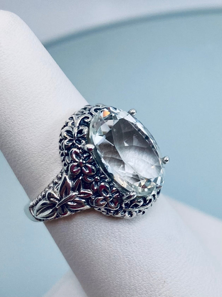 Natural White Topaz oval gemstone, Butterfly Ring, Art Nouveau Jewelry, Vintage reproduction jewelry, Sterling silver filigree, Silver Embrace Jewelry, D79 Butterfly Design