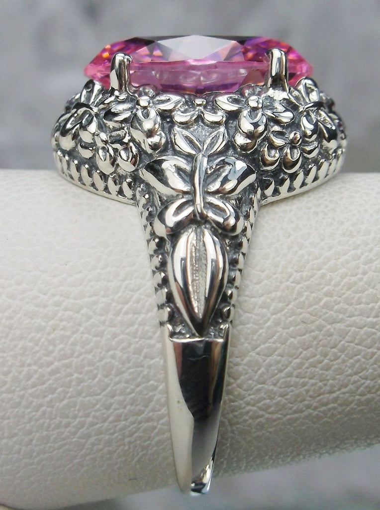 Pink Cubic Zirconia (CZ) oval gemstone, Butterfly Ring, Art Nouveau Jewelry, Vintage reproduction jewelry, Sterling silver filigree, Silver Embrace Jewelry, D79 Butterfly Design