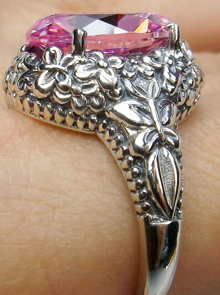 Pink Cubic Zirconia (CZ) oval gemstone, Butterfly Ring, Art Nouveau Jewelry, Vintage reproduction jewelry, Sterling silver filigree, Silver Embrace Jewelry, D79 Butterfly Design