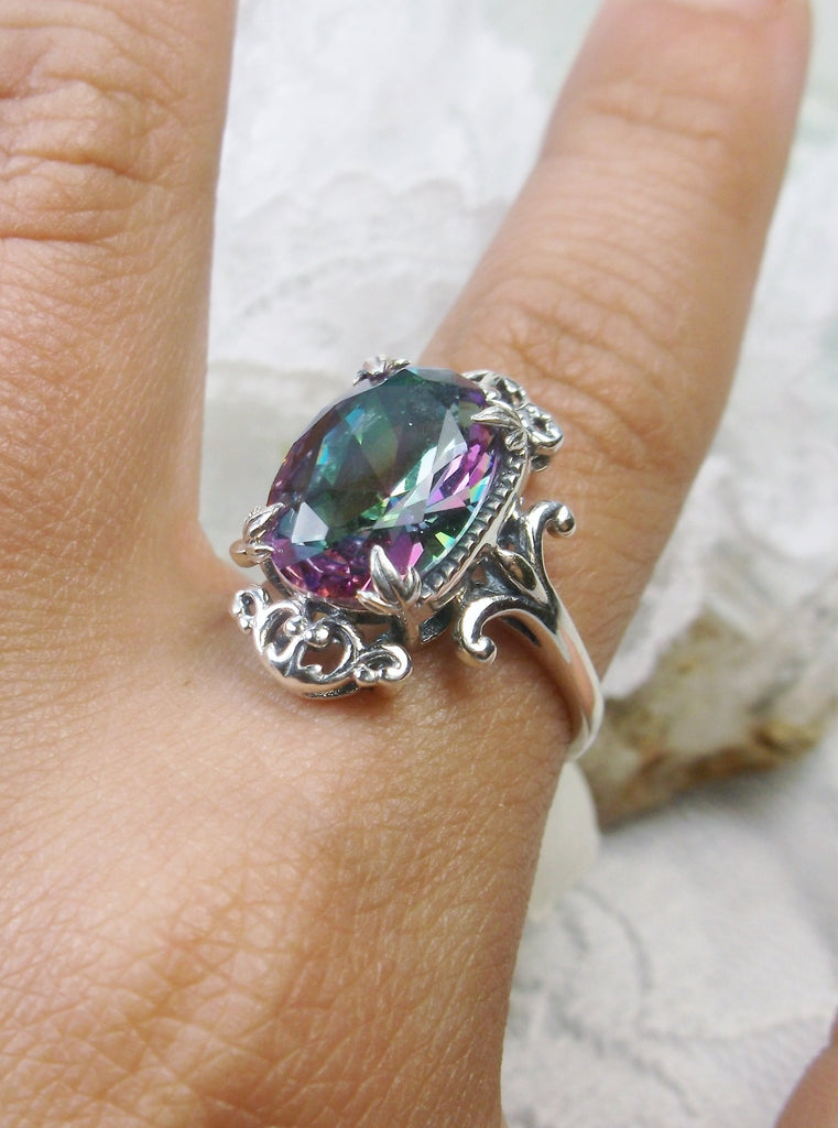 Mystic Rainbow Topaz Ring, Vampire Ring, D84, Solid Sterling Silver Filigree, Vampire Gothic Jewelry, Silver Embrace Jewelry