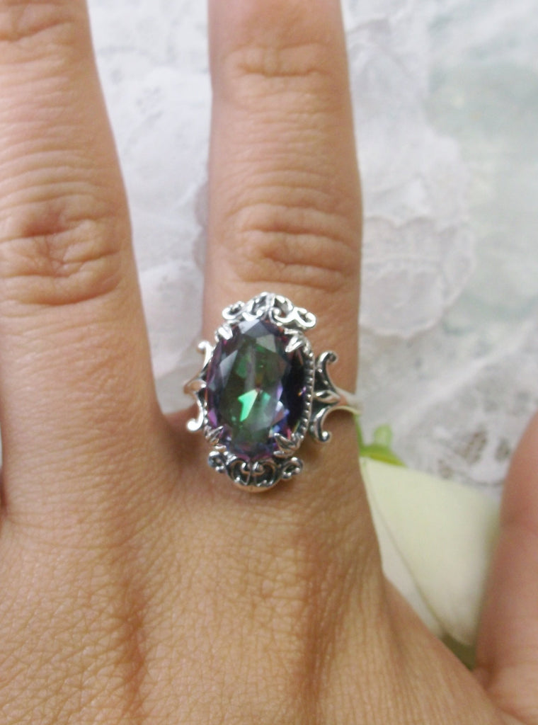 Mystic Rainbow Topaz Ring, Vampire Ring, D84, Solid Sterling Silver Filigree, Vampire Gothic Jewelry, Silver Embrace Jewelry