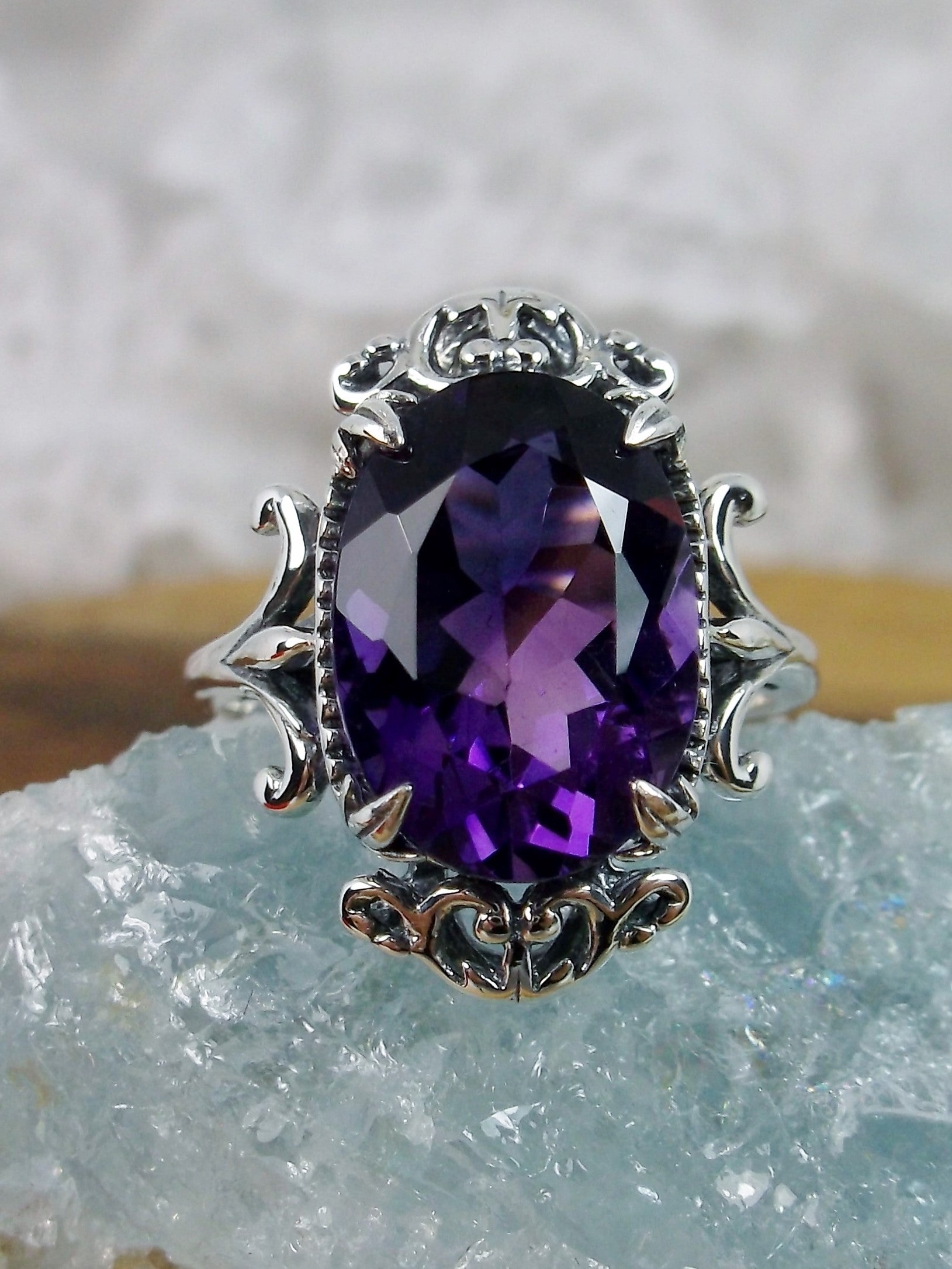 Natural Purple Amethyst Ring, Sterling Silver Filigree, Gothic