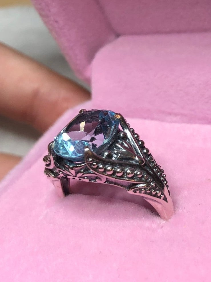 Natural Blue Topaz Ring, Sterling Silver Filigree, Gothic small oval design Gothic Jewelry, Victorian Jewelry, Silver Embrace Jewelry, D85
