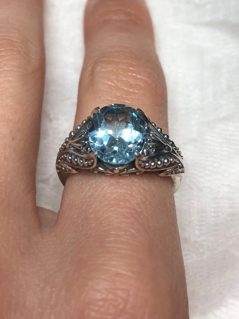 Natural Blue Topaz Ring, Sterling Silver Filigree, Gothic small oval design Gothic Jewelry, Victorian Jewelry, Silver Embrace Jewelry, D85