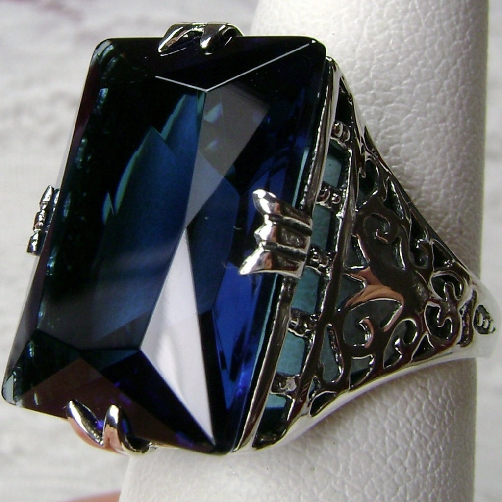 Blue Sapphire Huge Rectangle Ring, Sterling Silver Filigree, Antique Style, Vintage Jewelry, Silver Embrace Jewelry Design D9 XR