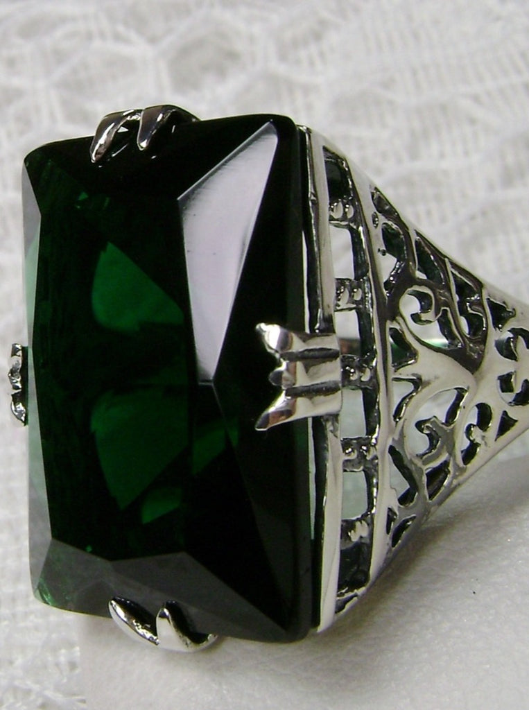 Green Emerald Huge Rectangle Ring, Sterling Silver Filigree, Antique Style, Vintage Jewelry, Silver Embrace Jewelry Design D9 XR