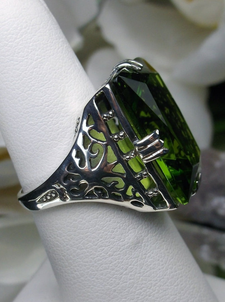 Green Peridot Huge Rectangle Ring, Sterling Silver Filigree, Antique Style, Vintage Jewelry, Silver Embrace Jewelry Design D9 XR