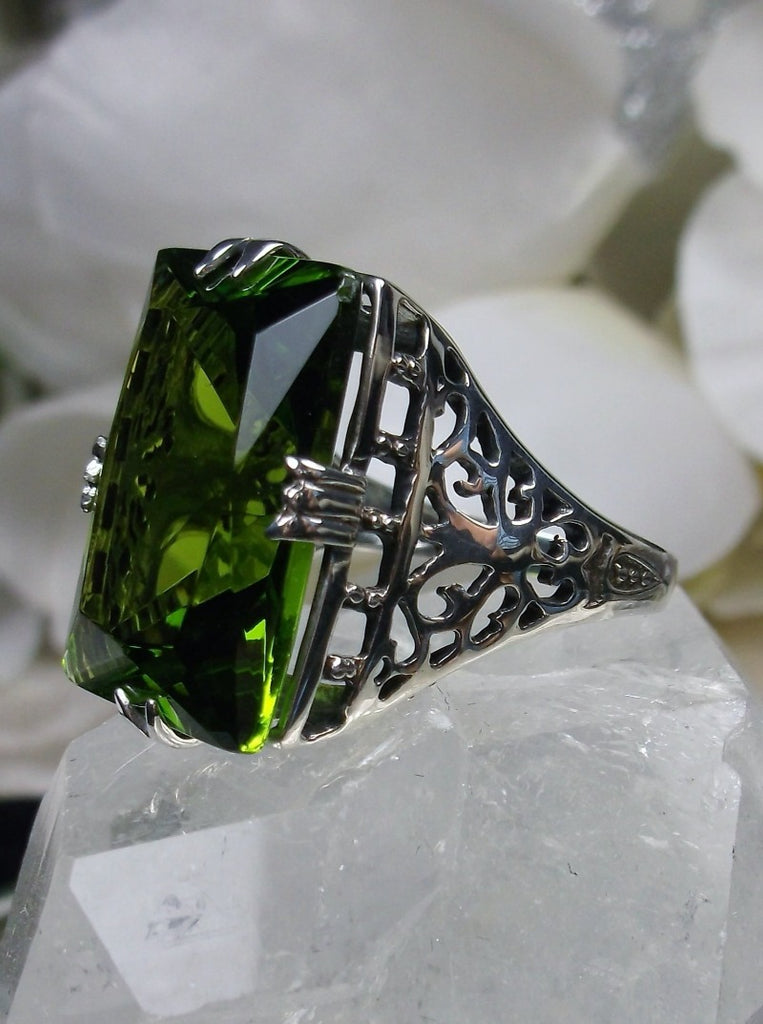 Green Peridot Huge Rectangle Ring, Sterling Silver Filigree, Antique Style, Vintage Jewelry, Silver Embrace Jewelry Design D9 XR