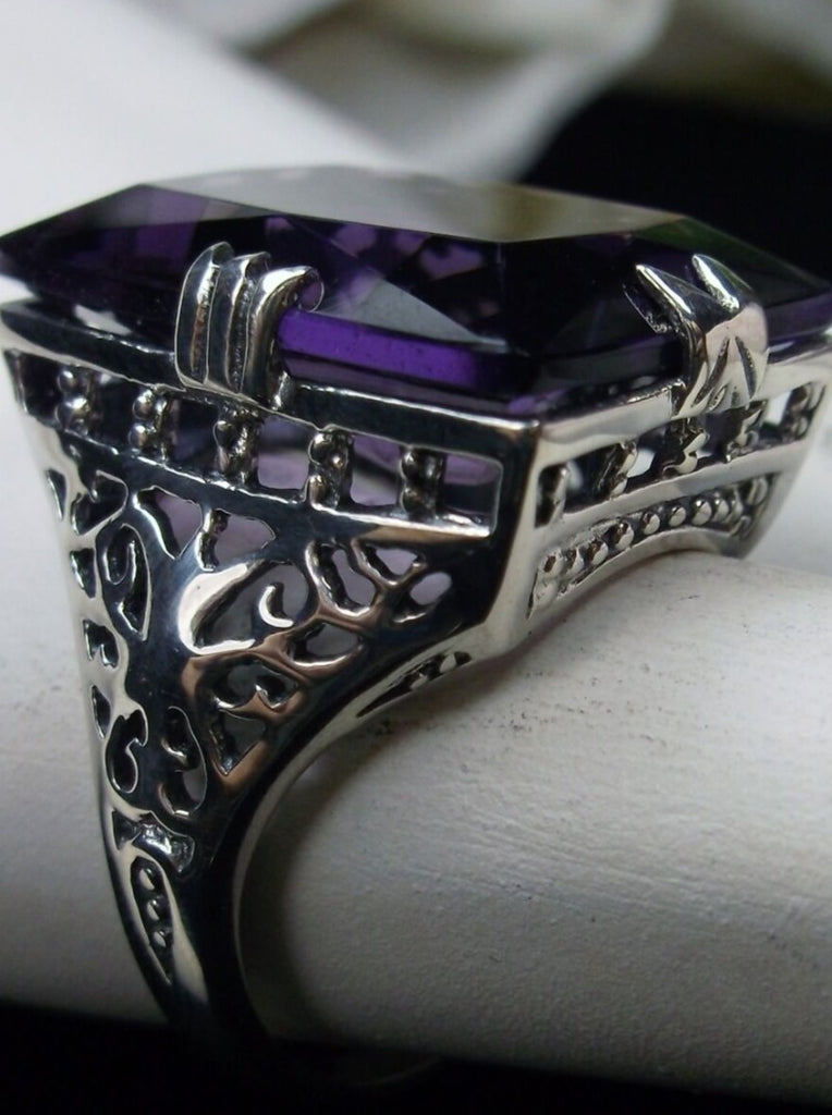 Purple Amethyst Huge Rectangle Ring, Sterling Silver Filigree, Antique Style, Vintage Jewelry, Silver Embrace Jewelry Design D9 XR