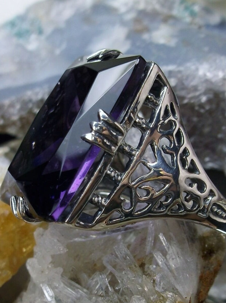 Purple Amethyst Huge Rectangle Ring, Sterling Silver Filigree, Antique Style, Vintage Jewelry, Silver Embrace Jewelry Design D9 XR