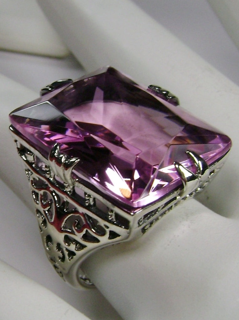 Pink Topaz Huge Rectangle Ring, Sterling Silver Filigree, Antique Style, Vintage Jewelry, Silver Embrace Jewelry Design D9 XR