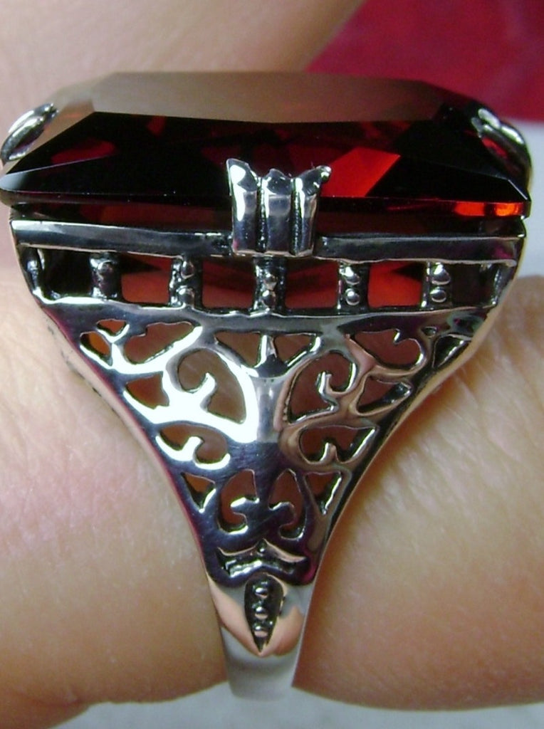 Red Garnet Cubic Zirconia (CZ) Huge Rectangle Ring, Sterling Silver Filigree, Antique Style, Vintage Jewelry, Silver Embrace Jewelry Design D9 XR