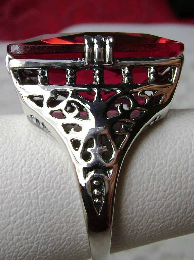 Red Ruby Huge Rectangle Ring, Sterling Silver Filigree, Antique Style, Vintage Jewelry, Silver Embrace Jewelry Design D9 XR