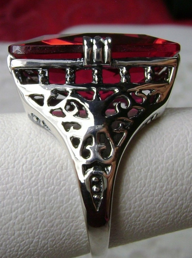 Red Ruby Huge Rectangle Ring, Sterling Silver Filigree, Antique Style, Vintage Jewelry, Silver Embrace Jewelry Design D9 XR