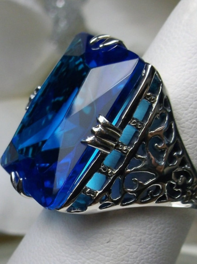 Swiss Blue Topaz Huge Rectangle Ring, Sterling Silver Filigree, Antique Style, Vintage Jewelry, Silver Embrace Jewelry Design D9 XR